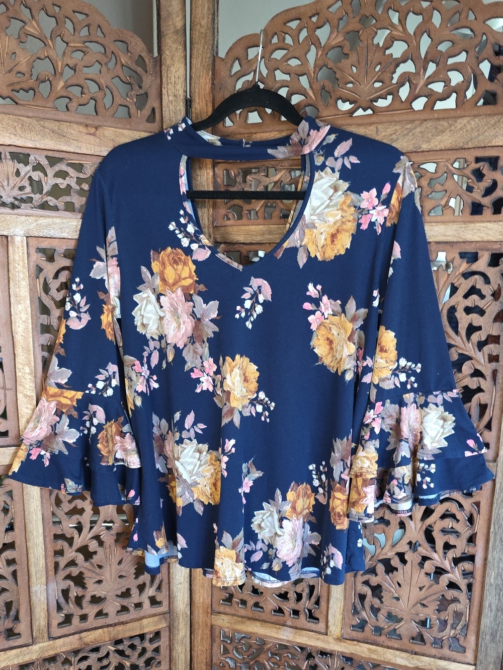 Peppermint Navy Floral Ruffle Sleeve V-Neck Top